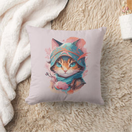 Almofada Gato Ninja Encapuzado de Aquarela Fofo