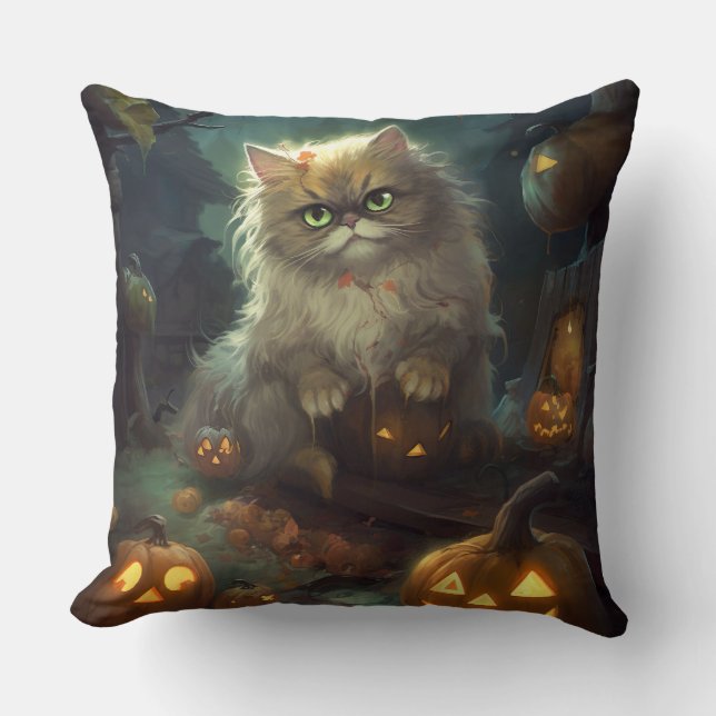 Almofada Gato Persa do Halloween Com Pumpkins Assustado (Frente)