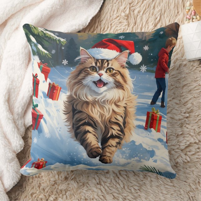 Almofada Gato Persa Sentado na Neve com Chapéu de Natal (Cobertor)