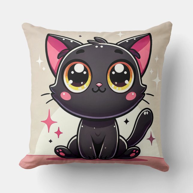 Almofada Gato Preto Adorável de Desenho Animado (Frente)