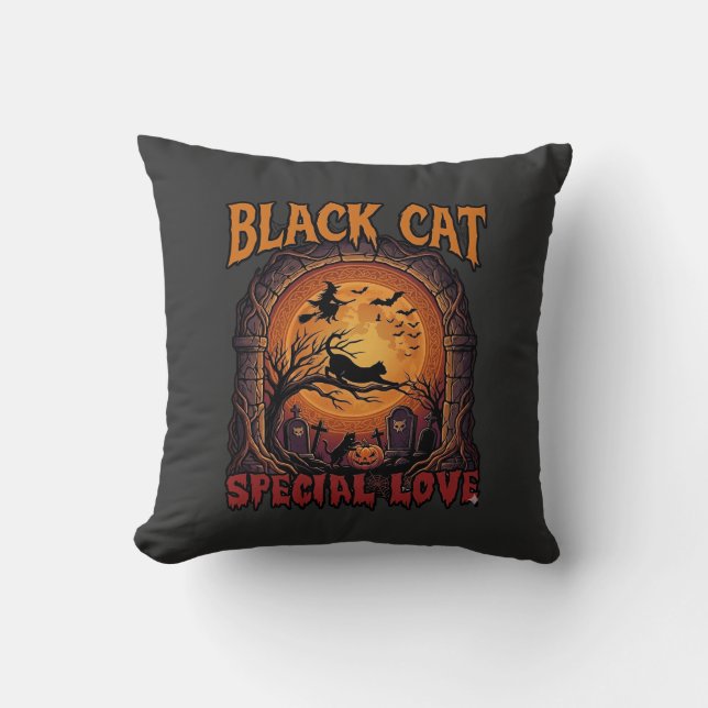 Almofada Gato Preto Amor Especial Halloween Lua Bruxa Abóbo (Frente)