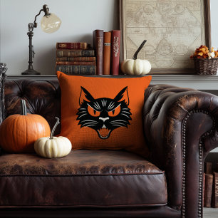Almofada Gato Preto Assustador Rosto Halloween Laranja e Pr