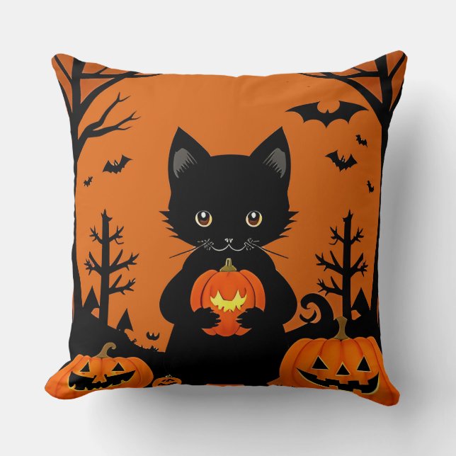 Almofada Gato Preto Bonito com Pumpkins do Halloween (Frente)