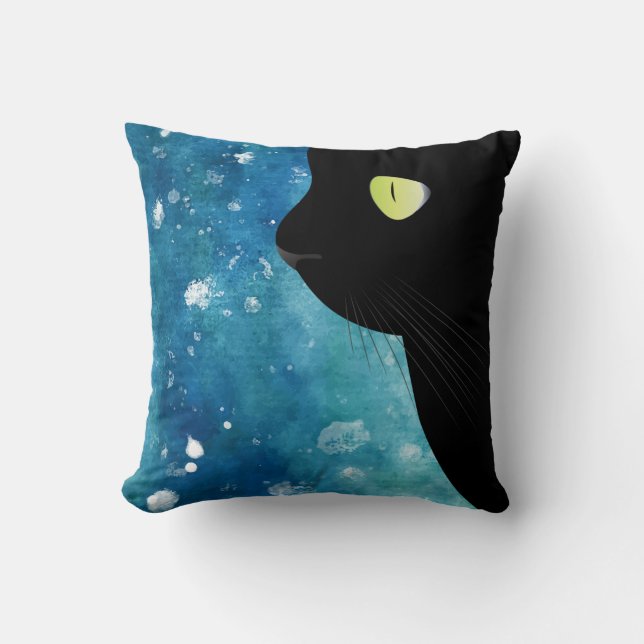 Almofada Gato preto bonito no travesseiro decorativo azul (Frente)