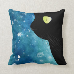Almofada Gato preto bonito no travesseiro decorativo azul