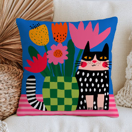 Almofada Gato Preto com Bolinhas e Flores Coloridas Azul 