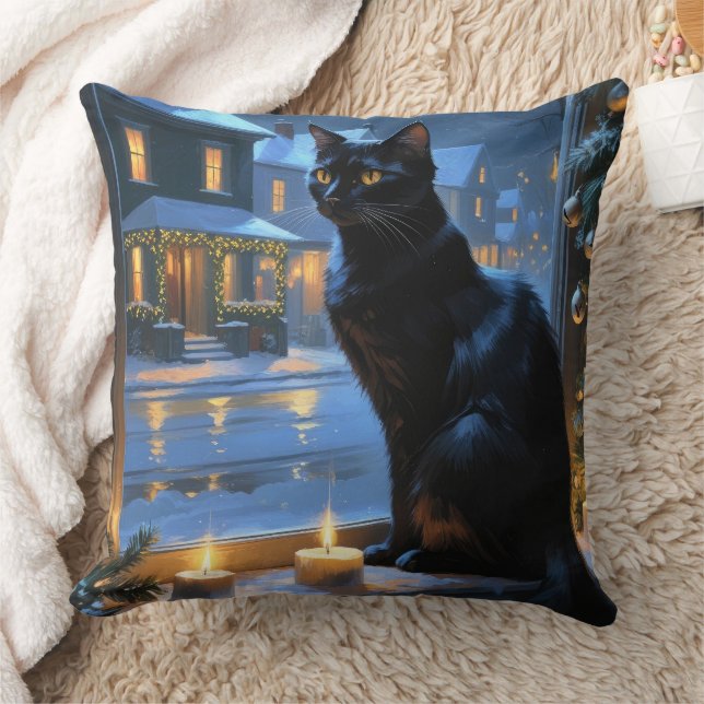 Almofada Gato Preto Com Luzes De Natal Feriado (Cobertor)