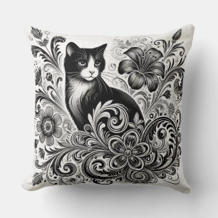 Almofada Gato Preto com Padrões Florais em Arte Monocromáti