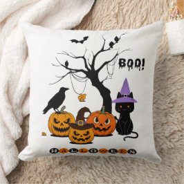 Almofada Gato Preto de Halloween Fofo com Abóboras