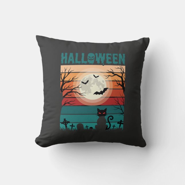 Almofada Gato Preto De Halloween Lua Cemitério Vetor Retro  (Frente)