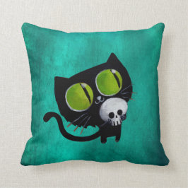 Almofada Gato preto do Dia das Bruxas com crânio