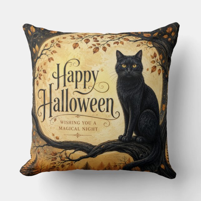Almofada Gato Preto do Dia das Bruxas Lua Cheia Árvore (Frente)