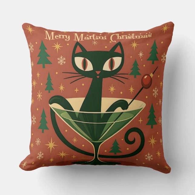 Almofada Gato Preto do Meio do Século Feliz Martini Natal (Frente)