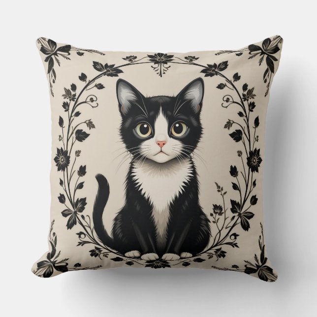 Almofada Gato Preto e Branco Elegante (Frente)
