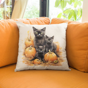 Almofada Gato Preto e Gatinhos de Aquarela Abóbora