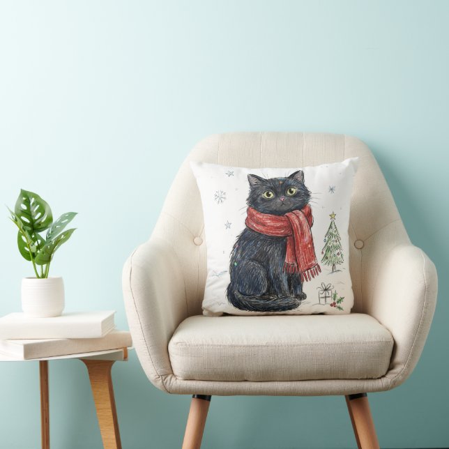 Almofada Gato Preto Fofo com Cachecol Vermelho Árvore de Na (Cadeira)
