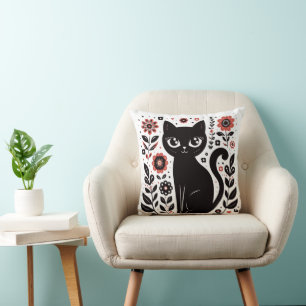 Almofada Gato Preto Fofo com Olhos Grandes e Flores