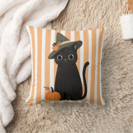 Almofada Gato Preto Fofo de Halloween com Chapéu de Bruxa e