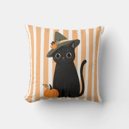 Almofada Gato Preto Fofo de Halloween com Chapéu de Bruxa e
