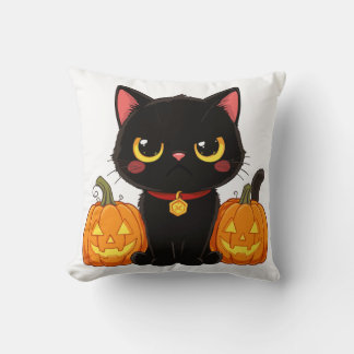 Almofada Gato Preto Fofo e Abóboras de Halloween