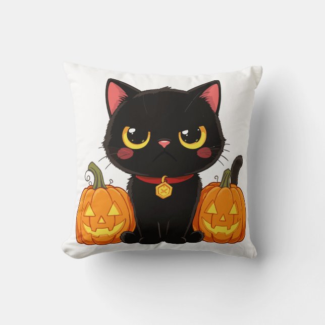 Almofada Gato Preto Fofo e Abóboras de Halloween (Frente)