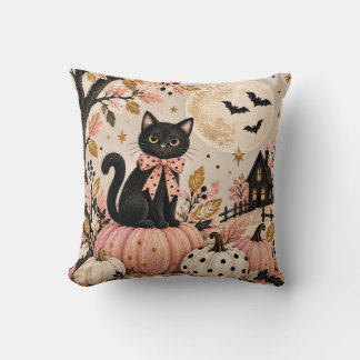 Almofada Gato Preto Fofo e Abóboras de Halloween Cor-de-Ros