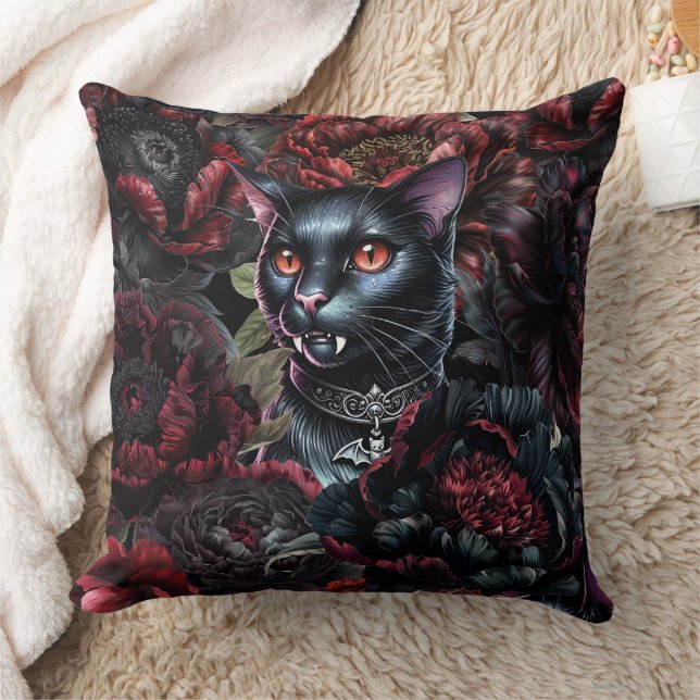 Almofada Gato Preto Gótico & Flores Sombrias (Cobertor)