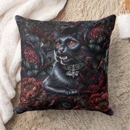 Almofada Gato Preto Gótico & Flores Sombrias