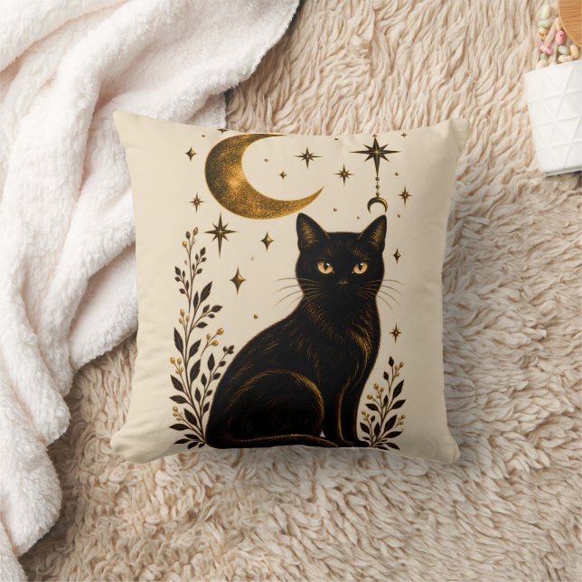 Almofada Gato Preto Lua Celestial Gótica Botânica (Cobertor)