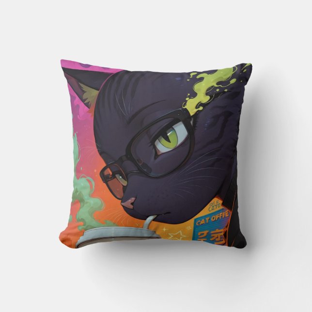 Almofada Gato Preto Místico de Anime (Frente)