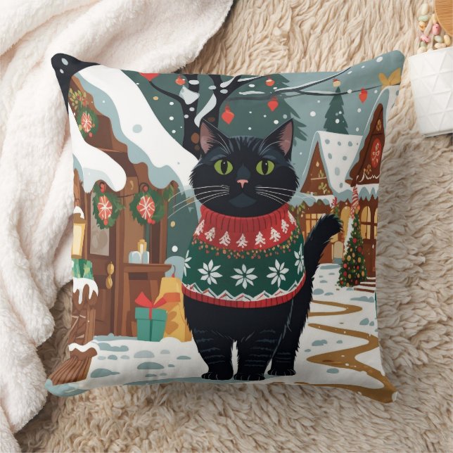 Almofada Gato Preto Natal Neve Férias (Cobertor)