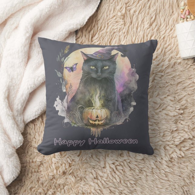 Almofada Gato Preto no Chapéu de Bruxa Cinza Celestial Hall (Cobertor)