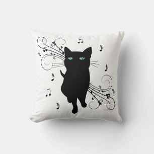 Almofada Gato Preto Rodeado por Notas Musicais Sussurrantes