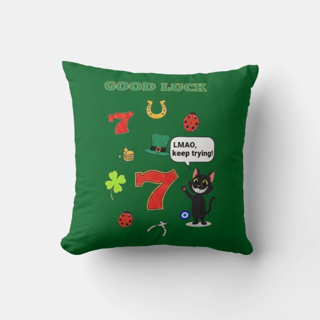 Almofada Gato preto sarcástico e amuletos da sorte (Frente)