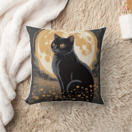 Almofada Gato Preto Selvagem Flor Noturna Vintage ao Luar