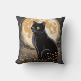 Almofada Gato Preto Selvagem Flor Noturna Vintage ao Luar
