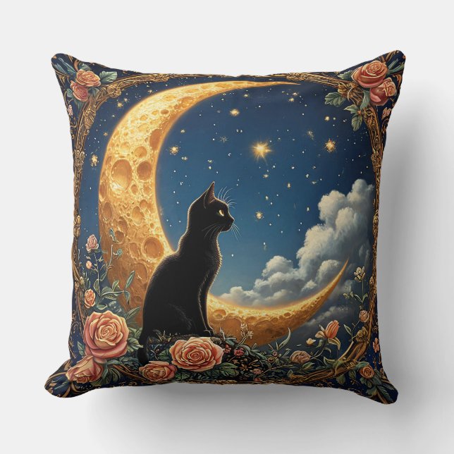 Almofada Gato Preto Sentado ao lado de uma Lua Crescente (Frente)