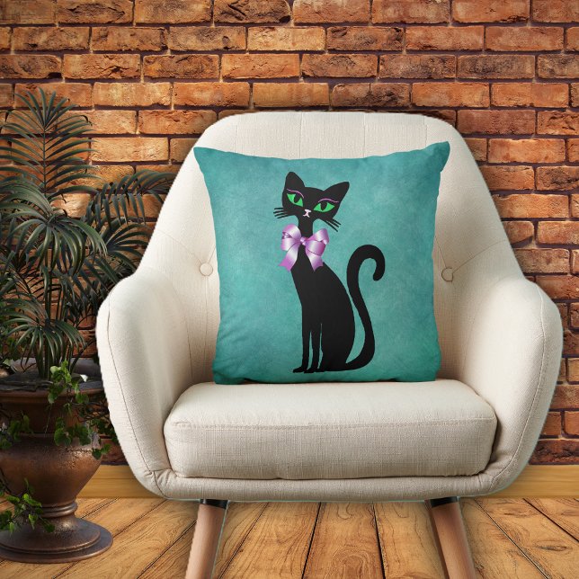 Almofada Gato Preto Sofisticado Olhos Verdes Laço Rosa Aqua (Pretty sophisticated black cat in pink bow green eyes on aqua blue decorative pillow.)
