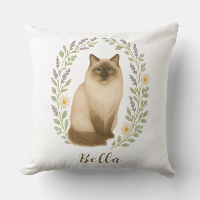 Almofada Gato Ragdoll Floral com Nome Personalizado (Frente)