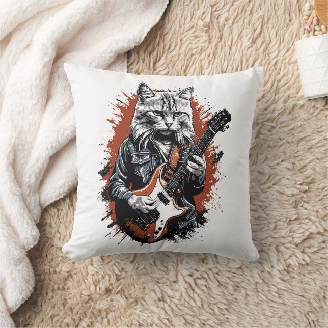 Almofada Gato Rockstar Despedacando Guitarra (Cobertor)
