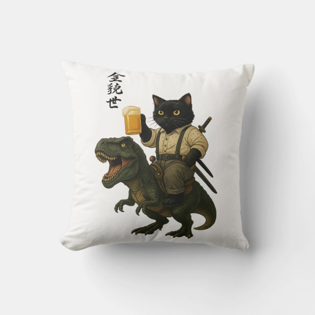 Almofada Gato Samurai com Cerveja & T-Rex | Arte Japonesa R (Frente)
