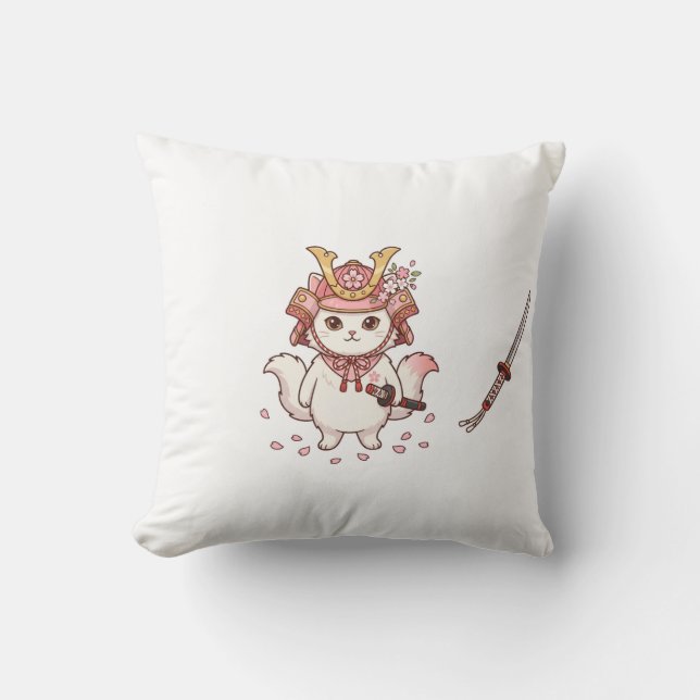 Almofada Gato Samurai Fofo com Capacete Rosa Sakura (Frente)