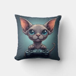 Almofada Gato Sphynx Segurando Controle de Jogo