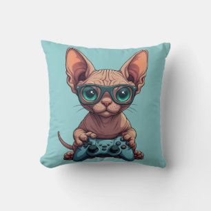 Almofada Gato Sphynx Segurando Controle de Jogo