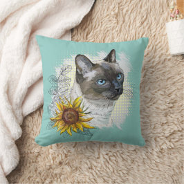 Almofada Gato tailandês engraçado desenhando mão com flores
