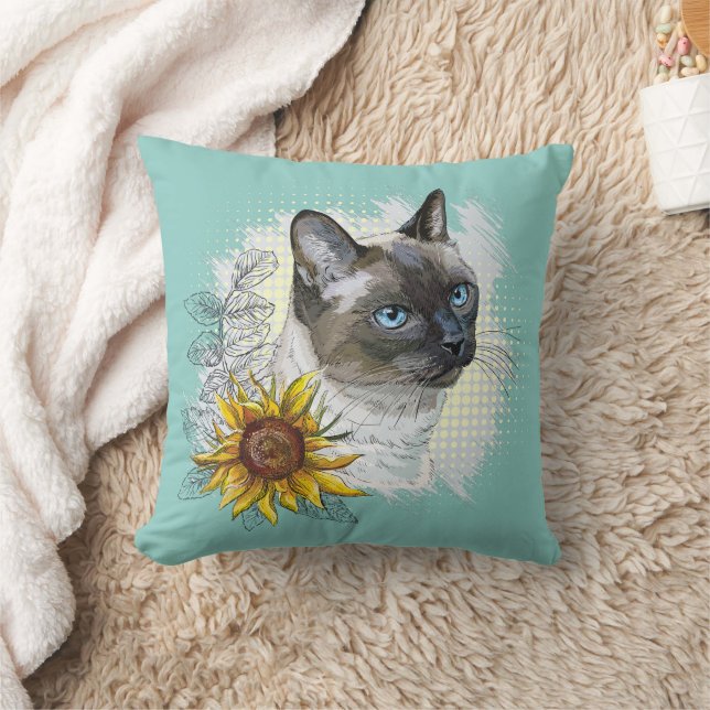 Almofada Gato tailandês engraçado desenhando mão com flores (Cobertor)
