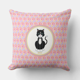 Almofada Gato Tuxedo em Fundo de Flores