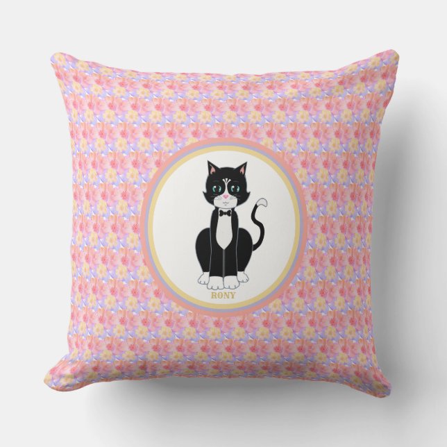 Almofada Gato Tuxedo em Fundo de Flores (Frente)