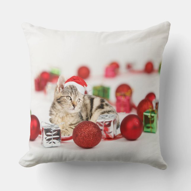 Almofada Gato vestindo chapéu vermelho de Papai Noel (Frente)