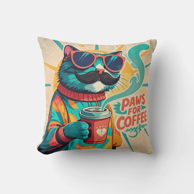 Almofada Gato vestindo óculos de sol enormes, segurando caf (Frente)